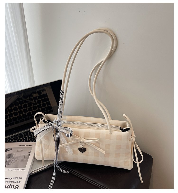 Dopamine Plaid Handbag Small Tote Bag for Women Summer2025New Ballet Style Bow Baguette Bag Underarm Bag Trendy