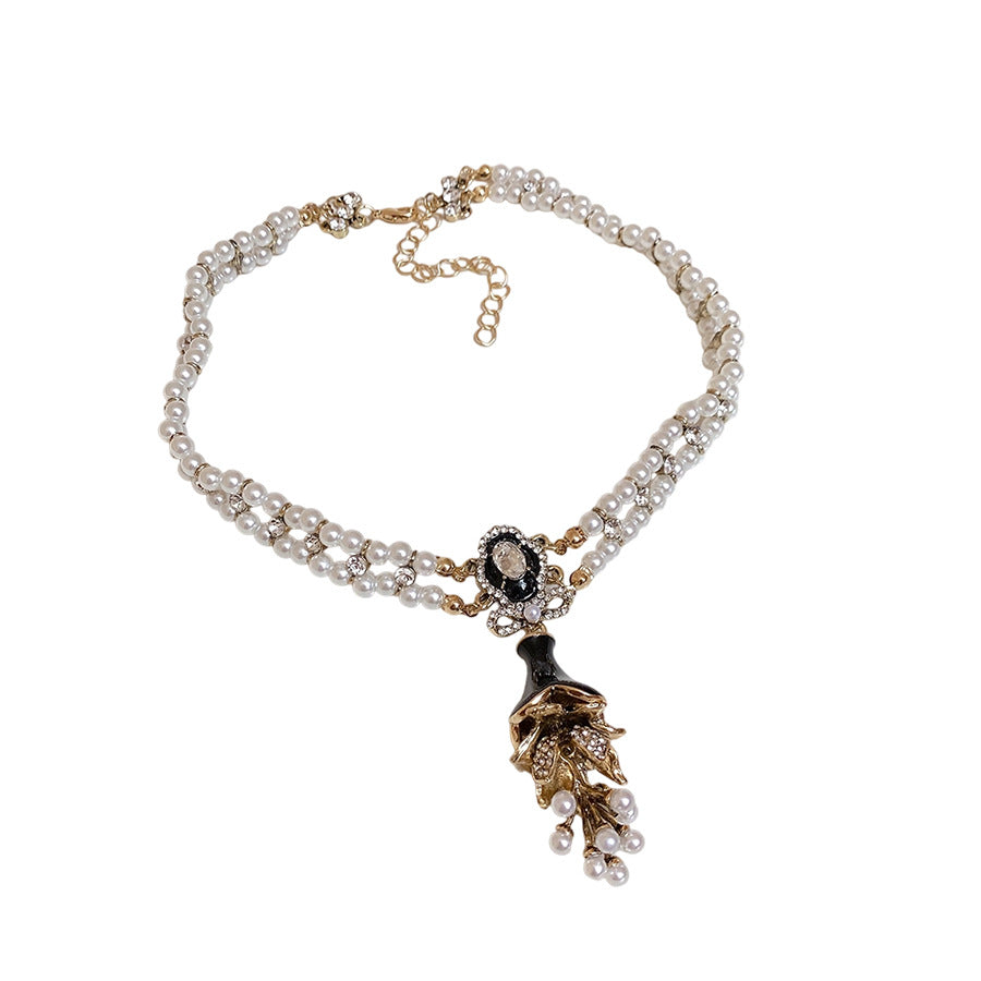 Medieval vintage Jewelry Set Silver Needle Oil Drop Flower Bow Pearl Earrings High-end Vintage Necklace