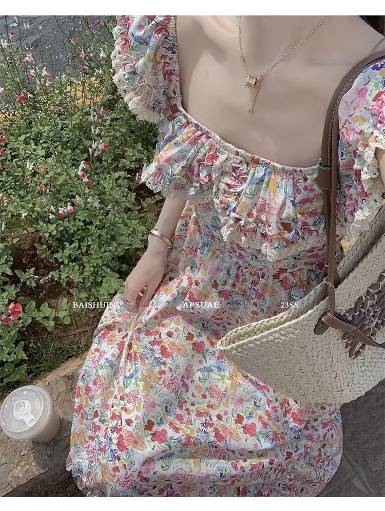 Floral Square Neck Slim Fit Women's Dress for Beach Vacation Casual Long Dress