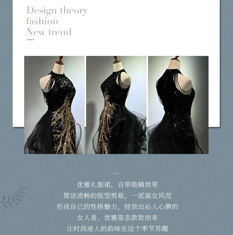 New Evening Dress Black High-End Slim Fit Elegant Socialite Host Halter Neck Mermaid Dress Wedding Toast Dress
