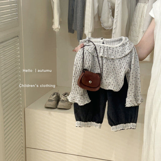 Sweet Little Sister Korean Style Spring and Autumn Girls Baby Soft Floral Base Shirt ins Long Sleeve Doll Collar Loose Lantern Pants