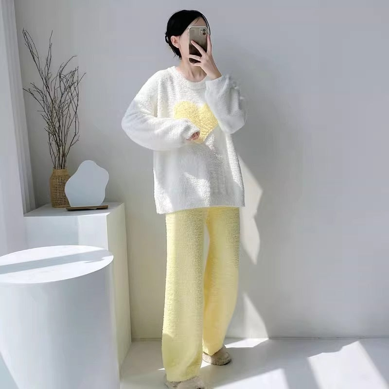 Winter New Heart Half-Fleece Pajamas for Women Loose Fit Fleece-Lined Warm Sweet Cute Style Homewear Two-Piece Set