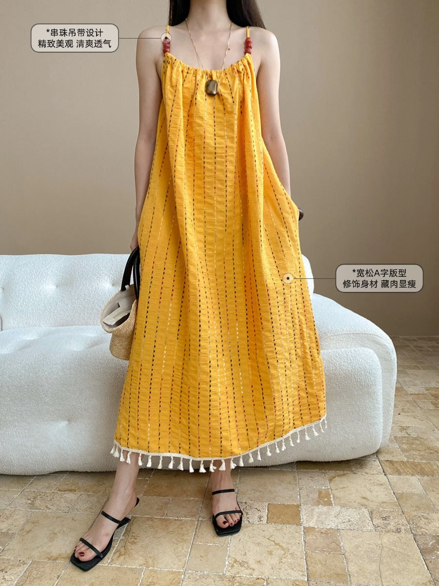 Sinan At dusk and sunset Full Grid Line Beach Vacation Tassel Beaded Strap Dress SN7536