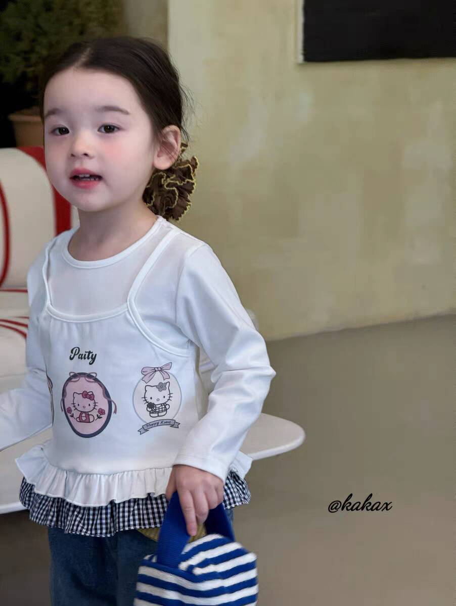 Sweet Little Girl Autumn Long Sleeve Outfit T New Korean Style Fashionable Baby Girl Fake Two-Piece Lace Base Shirt Top