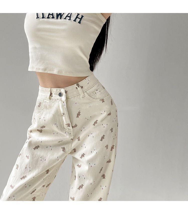 Yuejiaoer Original American Style Cartoon Bear Print Jeans for Women New Flared Loose Straight Wide-Leg Floor-Length Pants
