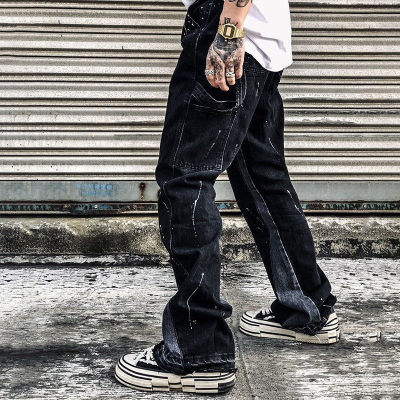 2023New Graffiti Ink Splash Damage Dept Casual Retro Niche vibo High Street Men's and Women's Flared Jeans