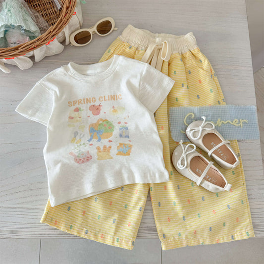 Sweet Little Girl Summer Outfit Set New Korean Version Cartoon Print Short Sleeve T T-shirt and Wide-leg Pants Two-piece Set for Baby Girls
