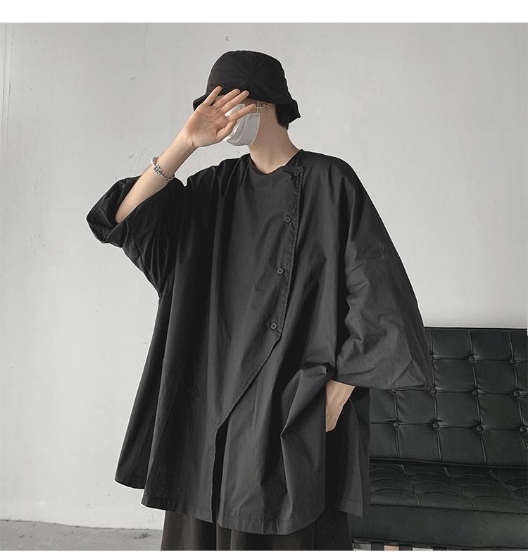 300Plus Size Unique Design Three-Quarter Sleeve Shirt for Men Summer Short Sleeve Cool Japanese Style ins Irregular Top