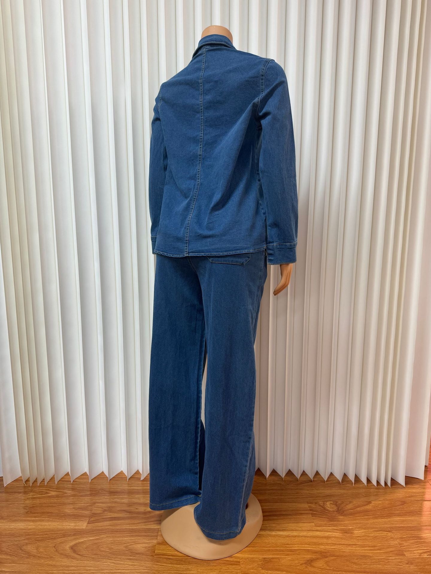 Cross-Border European and American New Women's Denim Suit Long Sleeve Lapel Pocket Top Lace-up Straight-leg Pants Two-piece Set