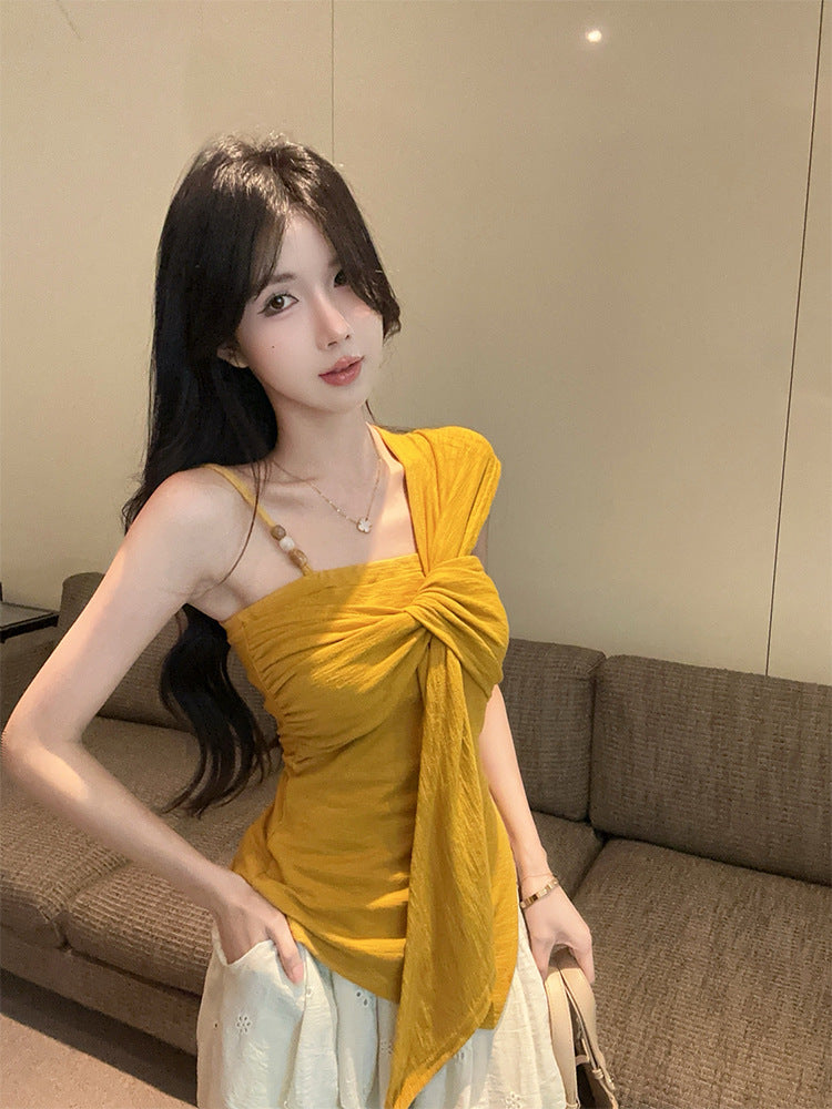 Pure Desire Hot Girl Off-Shoulder Twist t Women's T-shirt2025Summer New Slim Fit Fashionable Unique Design Top