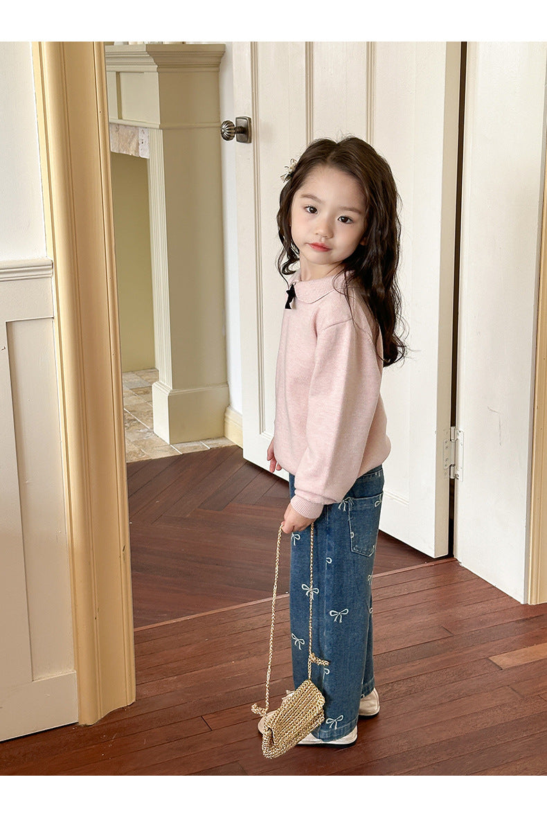 Girls' Pants Bowknot Print Jeans Wide Leg Straight2025Autumn New Fashionable and Stylish for Girls and Young Children