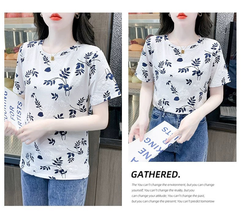 Cross-border new product milk silk round neck short-sleeved women's clothing T Floral Print Foam Base Shirt Loose Fit Women's Top