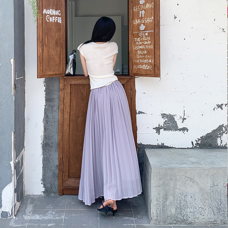 Thirteen Lines·Yunheyu Gentle Light Purple Pleated Long Skirt for Women Versatile Casual Vacation Style Draped Half Skirt