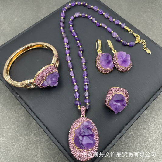 Natural Raw Amethyst Flower Four-Piece Set European and American French Style Unique Raw Gemstone Sweater Chain High-end Handmade Set