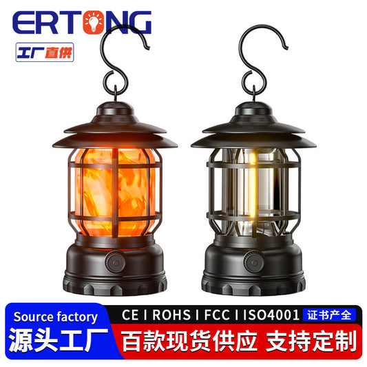 TikTok Hot-Selling Camping Light Atmosphere Light Flame Camping Light Tent Retro Lantern Outdoor Rechargeable Handheld Light Gift