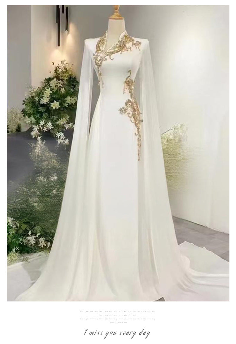 White evening dress with a high-end feel2025New Model Music Student Art Exam Vocal Performance Female Singer Folk Song Solo Performance Elegant