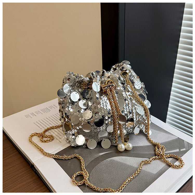 Trendy and High-End Sequin Bucket Bag2025Summer New Fashion Versatile Stylish French Chain Single Shoulder Crossbody