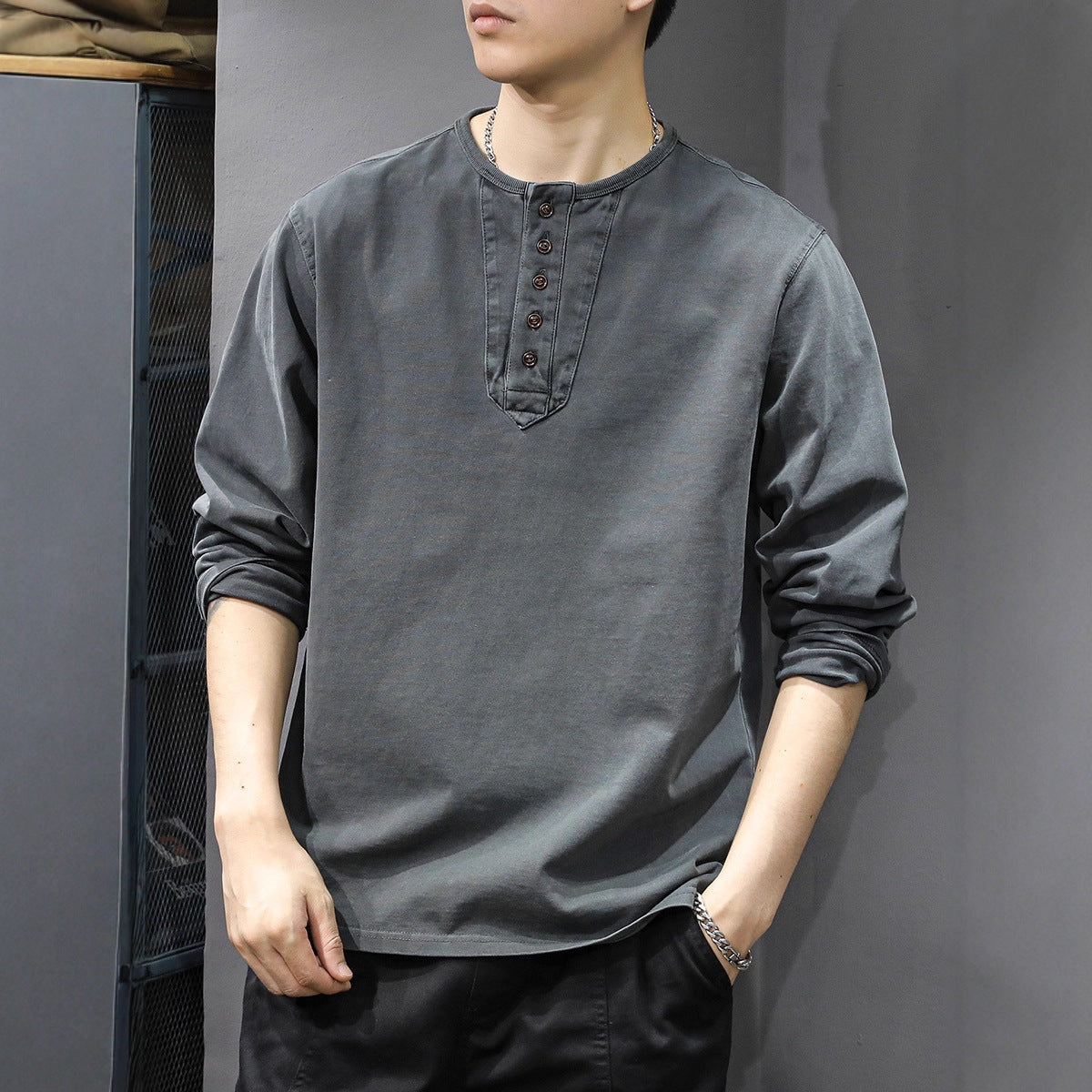 2025New casual men's pure cotton long sleeves t Loose Thin Spring Autumn Trendy Brand Henley Collar Base Shirt Sweatshirt