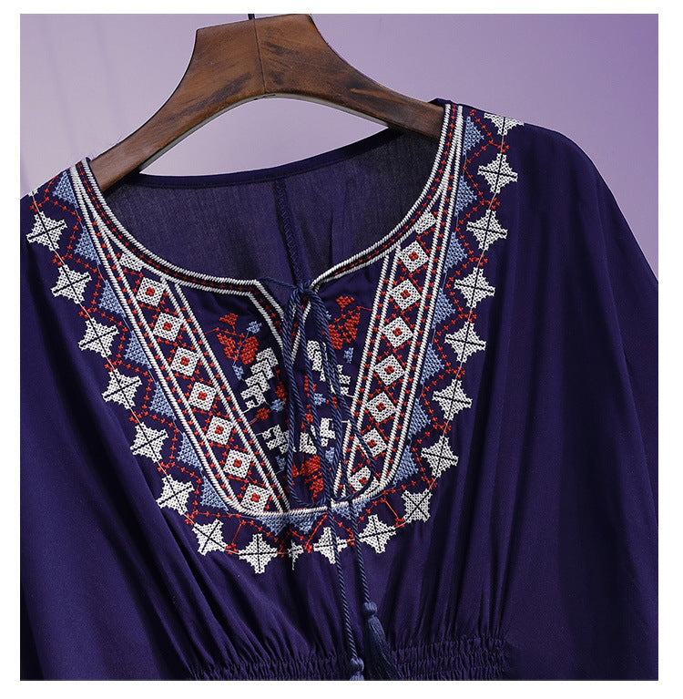 Summer Fashion Retro Slimming Top Women's Stylish Youthful Printed Five-Sleeve Round Neck Chiffon Blouse Women's Fashion