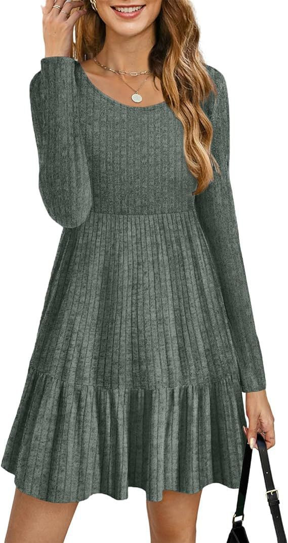 2023Autumn and Winter TEMU Amazon European and American Women's Fashion Cross-Border New Striped Round Neck Knitted Sweater Dress for Women