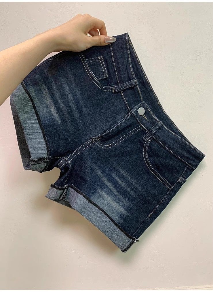 American style dark blue denim shorts for women2025Summer New High-Waisted Slimming Hot Girl Bodycon Dress a Rolled Hem Shorts