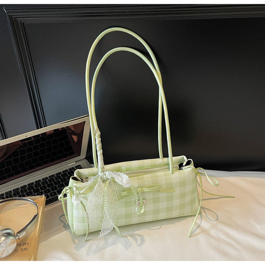 Dopamine Plaid Handbag Small Tote Bag for Women Summer2025New Ballet Style Bow Baguette Bag Underarm Bag Trendy