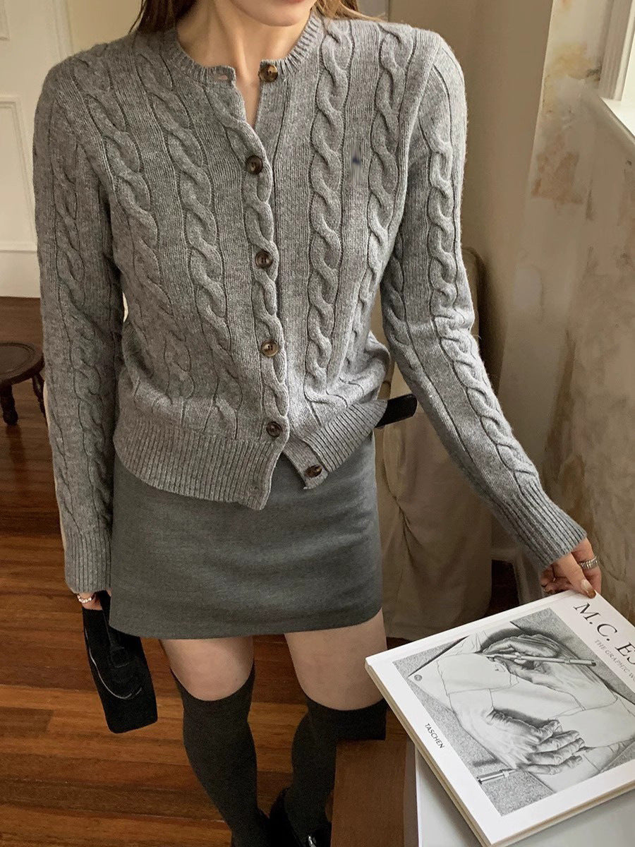 Counter Same Style Pony Embroidery Wool Cable Vintage Knitted Cardigan Women Autumn Winter Sweater Round Neck Thick Coat Top