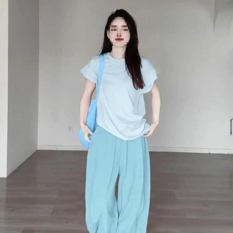 Summer Dopamine Full Set Shirt Wide-Leg Pants Two-Piece Set Lazy Style Fashion Casual Thin Suit for Petite Women