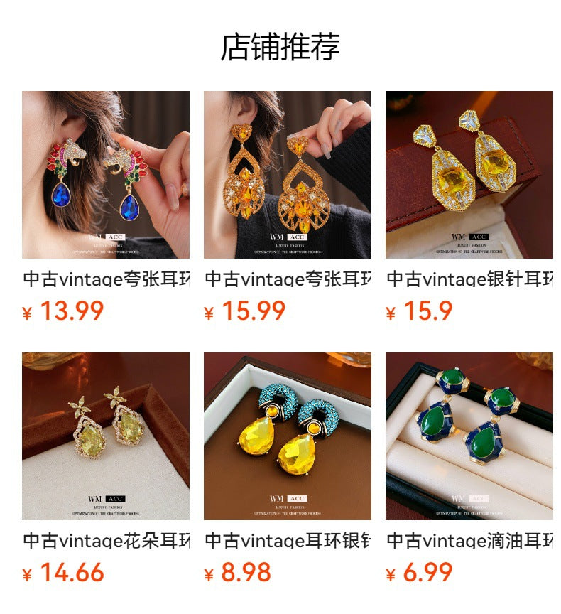 Medieval vintage Zircon Earrings Silver Needle Exaggerated Heavy Craft Flower Water Drop Studs Light Luxury High-end Feel Earrings for Women