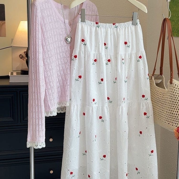 Embroidered Mesh High Waist Sweet2025New Floral Print Midi Skirt Spring Slimming Patchwork Long Skirt