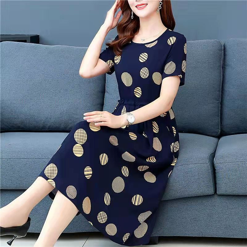 Cross-Border Summer Plus Size Short Sleeve Dress Women Printed Waist Slimming Mid-Length Elegant Dress Trendy