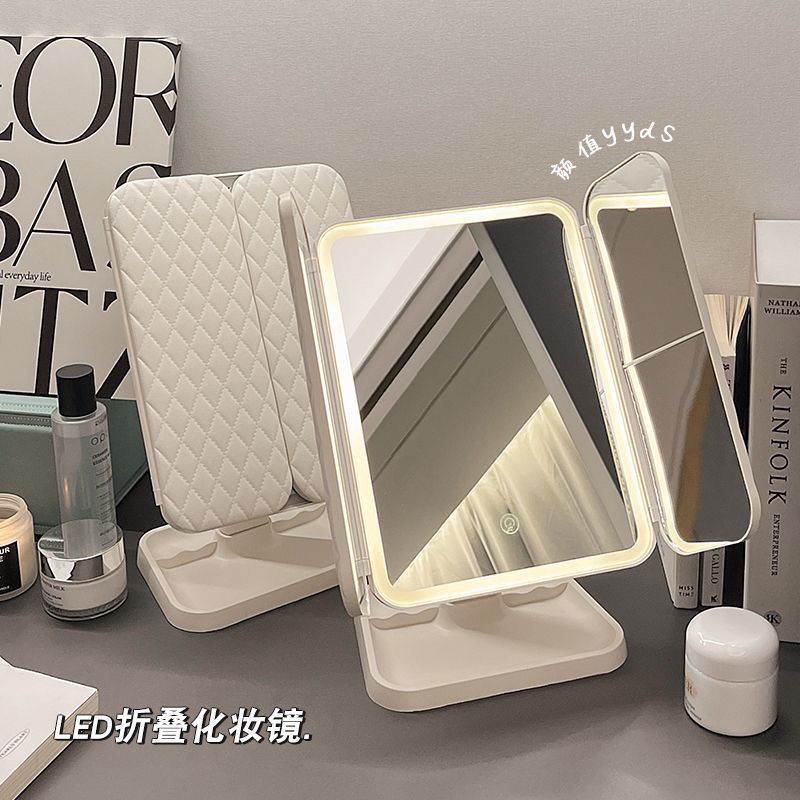 LED Makeup Mirror Desktop with Light Three-Sided Folding Magnifying Internet Celebrity Dormitory Desktop Beauty Bedroom Dressing Mirror