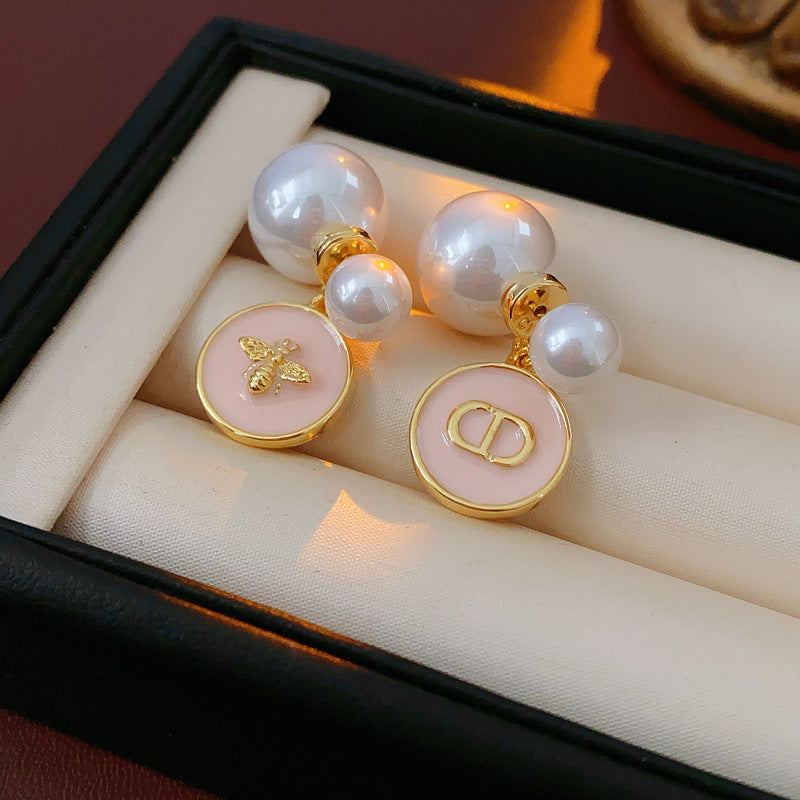 Real Gold Plated Silver Needle Oil Drop Pearl Earrings Versatile High-End Two-Way Wear Earrings French Retro Light Luxury Ear Jewelry