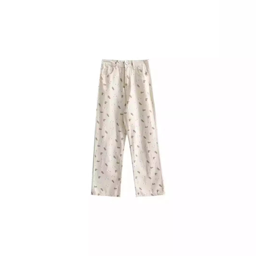 Yuejiaoer Original American Style Cartoon Bear Print Jeans for Women New Flared Loose Straight Wide-Leg Floor-Length Pants