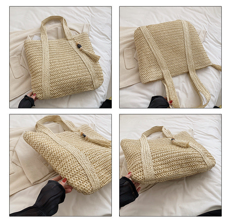 Cross-Border Hot-Selling Women's Bag Simple Large Capacity Lightweight Woven Bucket Beach Bag Trendy Straw New Handheld Shoulder Bag