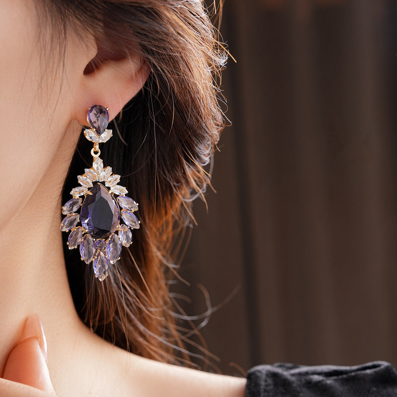 Medieval vintage Zircon Earrings Silver Needle Exaggerated Heavy Craft Flower Water Drop Studs Light Luxury High-end Feel Earrings for Women