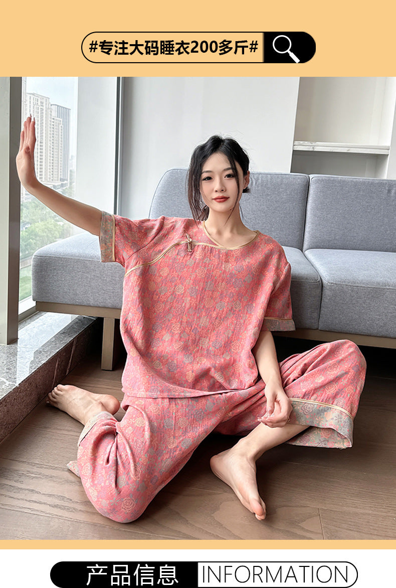New Chinese Style Retro National Style Cotton Gauze Pajamas Plus Size for Women mm Summer Thin Loose Fit200Pure Cotton Homewear