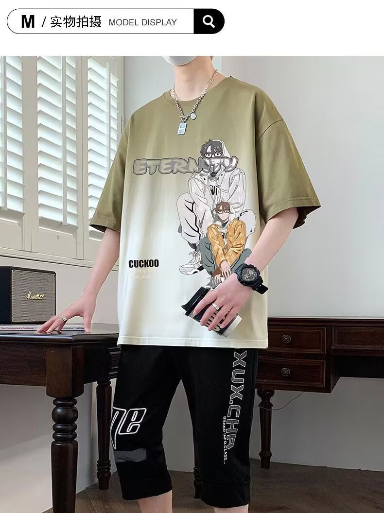 2025Summer New Men's Youth Casual Stylish Trendy Loose Short Sleeve T Shirt Gradient Color for Middle and High School Students