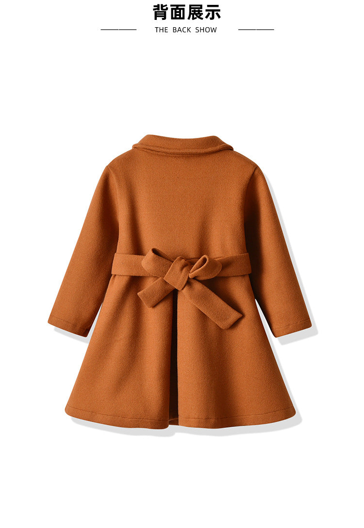 Cross-Border E-commerce Children's Coat Autumn Girls' Bow Thickened Korean Style Mid-Length Woolen Coat Manufacturer Wholesale