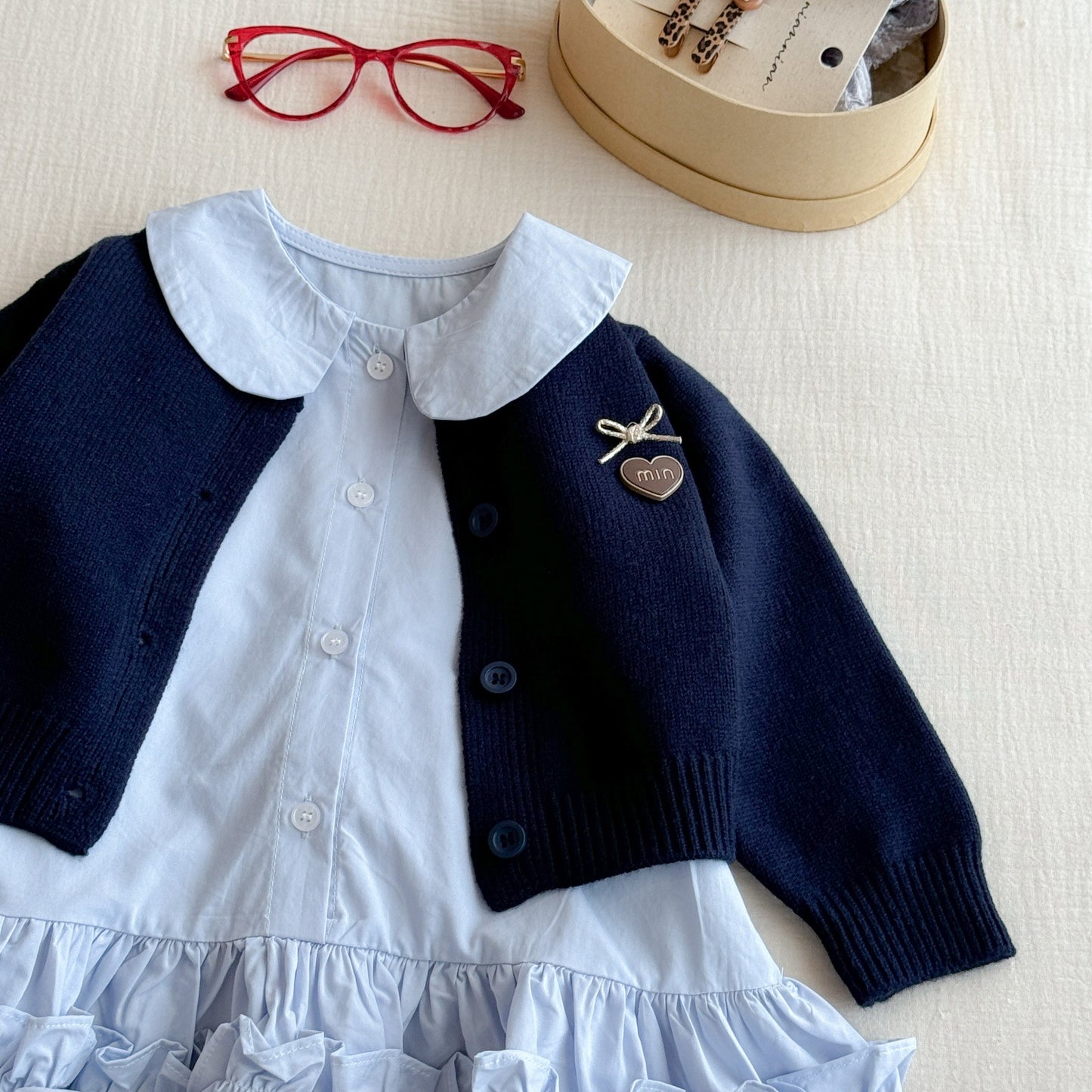 Sweet Little Girl Autumn Outfit Set New Autumn Navy Knitted Sweater Baby Shirt Skirt Fashion Two-Piece Set