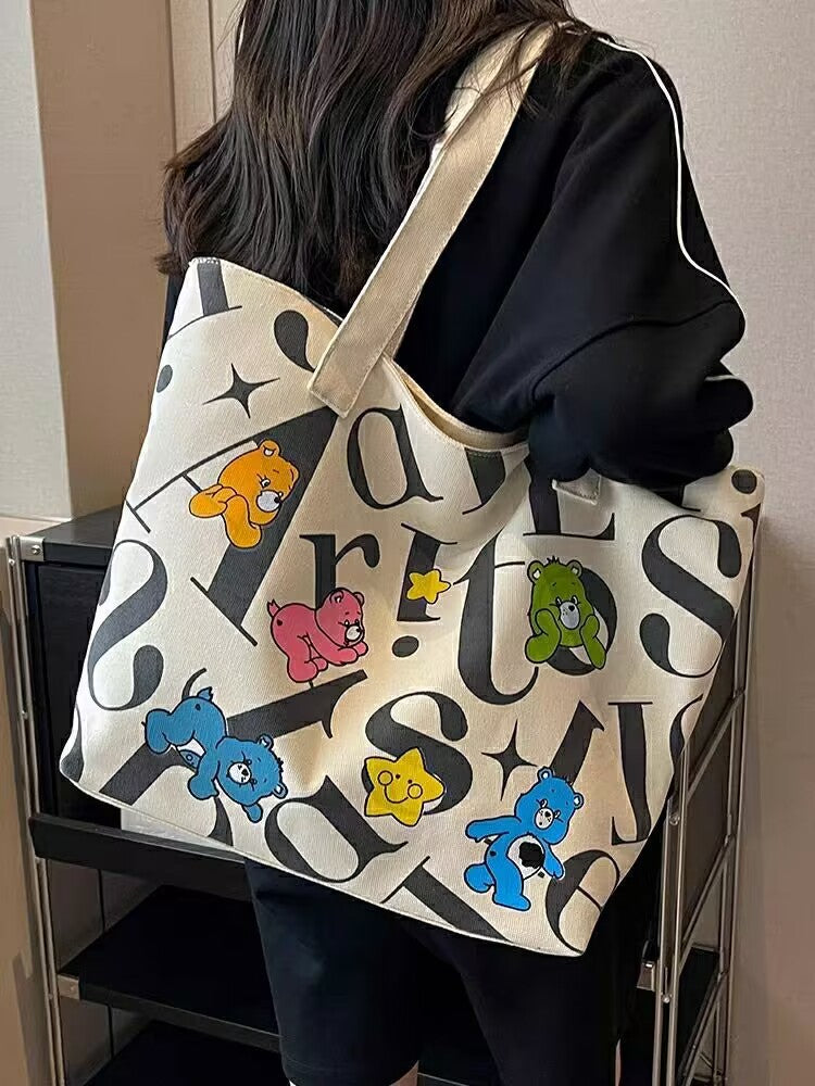 Student Canvas Bag for Women, Large Capacity Tote Commuter Bag, Versatile Printed Mommy Bag, Handheld Shoulder Bag, Shopping Bag for Women