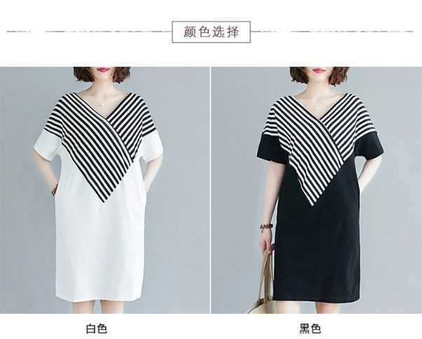 Korean Style Mid-Length Short-Sleeve Striped Patchwork Skirt, Belly-Covering, Slimming, Plus Size, Loose-Fit, Casual V Women's Trendy Collared Dress