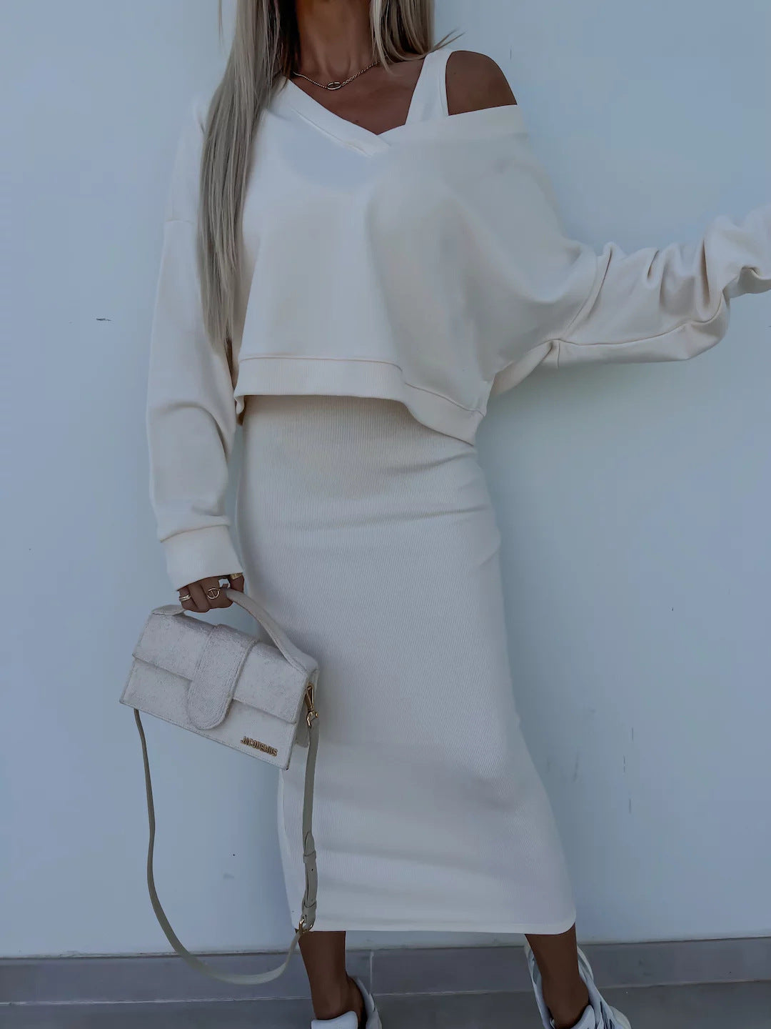 Amazon European and American Cross-Border New Spring Summer Women's Solid Color Clothing V Collar Long Sleeve Sweater Sling Slim Fit Long Dress2Set