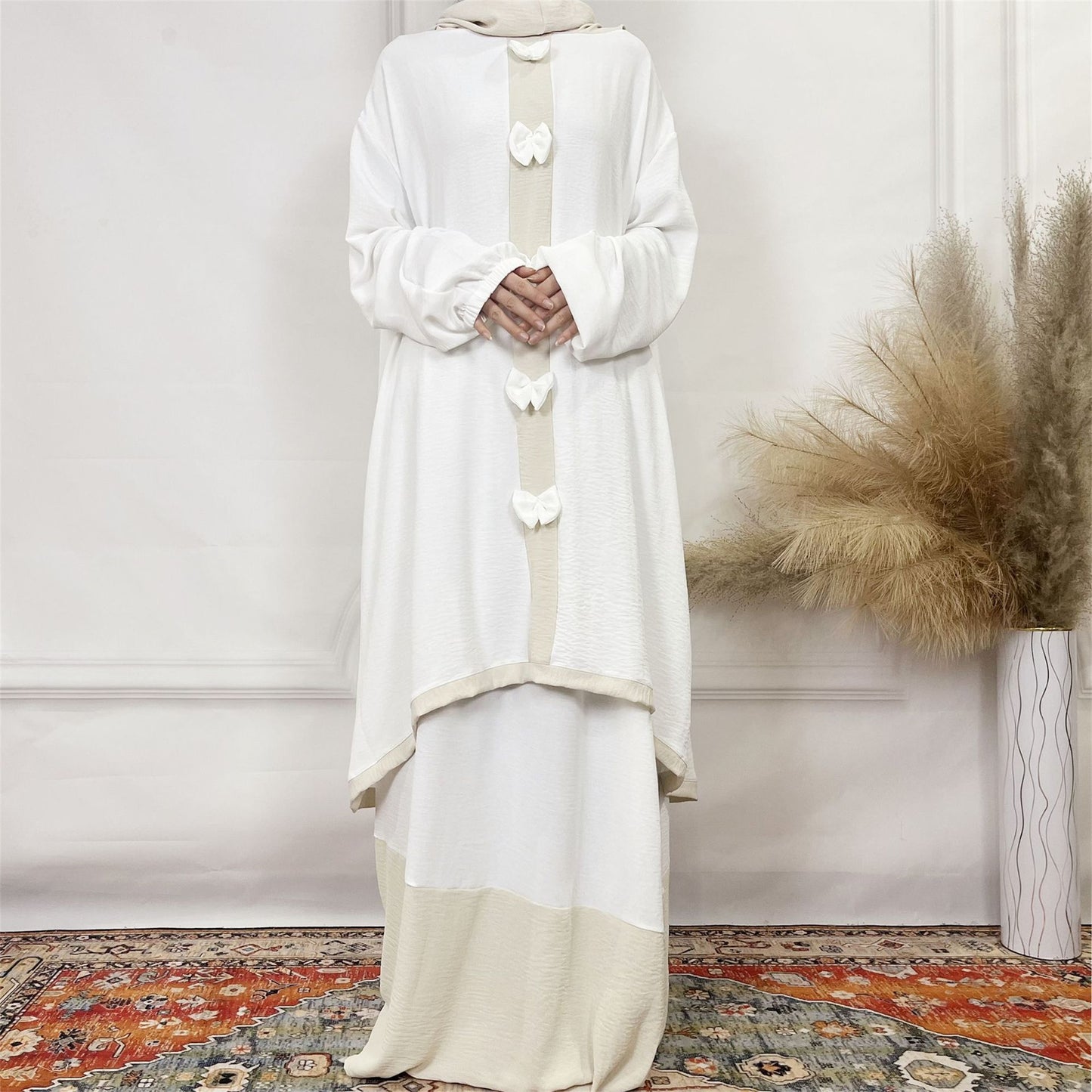 2024Aliexpress Muslims Fashion Women's Two-Piece Set with Bowknot, Solid Color Double-Layer Hat and Robe Set