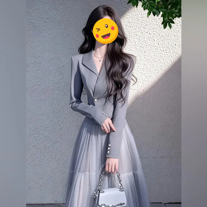 2025Spring 2023 Light Luxury High-End Elegant Socialite Little Chanel Style Gray Blazer Mesh Skirt Set