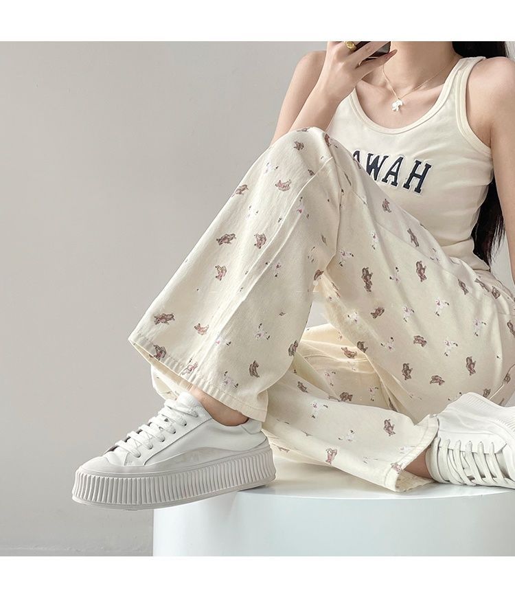 Yuejiaoer Original American Style Cartoon Bear Print Jeans for Women New Flared Loose Straight Wide-Leg Floor-Length Pants