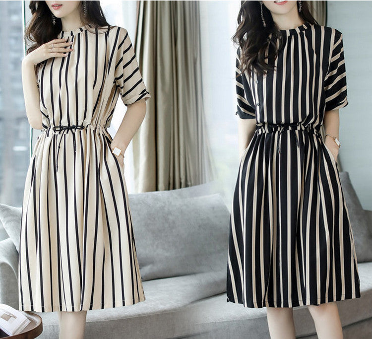 Beautiful Striped Dress2025Korean Style Lace-Up Waist-Cinching Loose Skirt Summer Mid-Length Plus Size Women's Clothing Wholesale