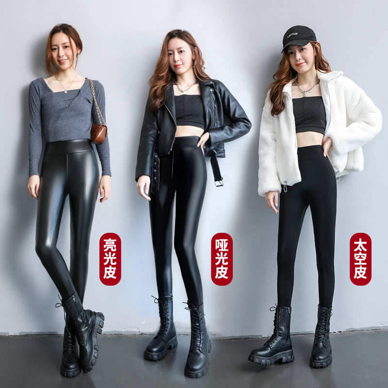 PU Women's Leather Pants Autumn Winter Long Pants Base Pants Fleece Lined Thickened High Waist Slimming Windproof Waterproof Outdoor Wear Wholesale