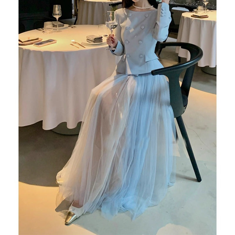 Fashionable Scarlett2025Super Popular Spring Outfit Set for Women: Top, Jacket, Half Skirt, Round Neck, Socialite Style