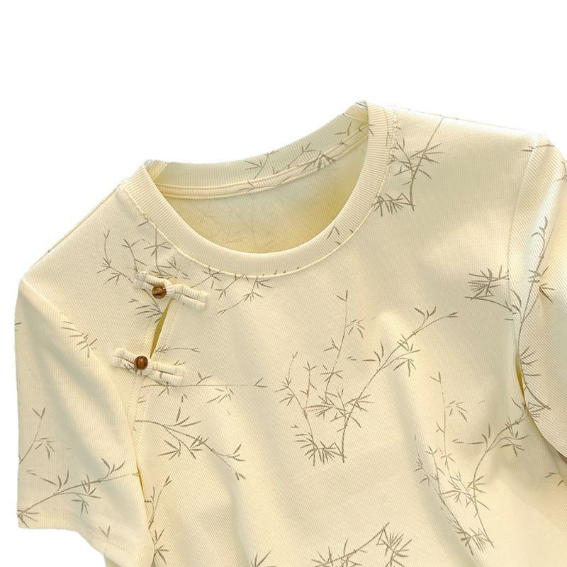 New Chinese Style National Style Button Short Sleeve t Women's Summer T-shirt2024New Women's Loose Slimming Plus Size Round Neck Top